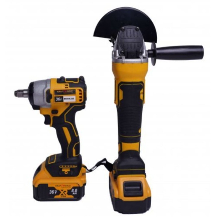 Set masina de gaurit si polizor, Kraft Royal, fara fir, Galben, 36VDC, 8Ah, Kit