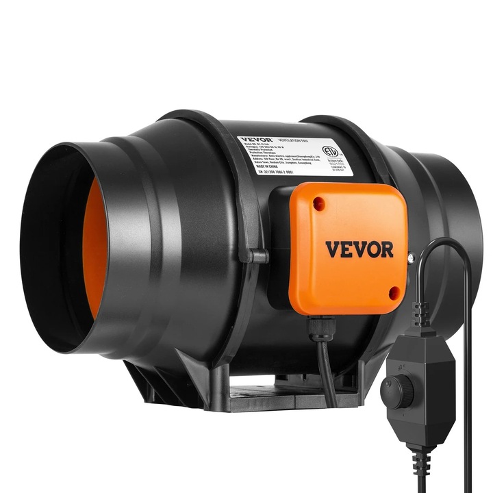 Csőventilátor 15 cm, 400 CFM, változtatható sebességszabályozással, AC motorral, fekete, szerelési tartozékokkal