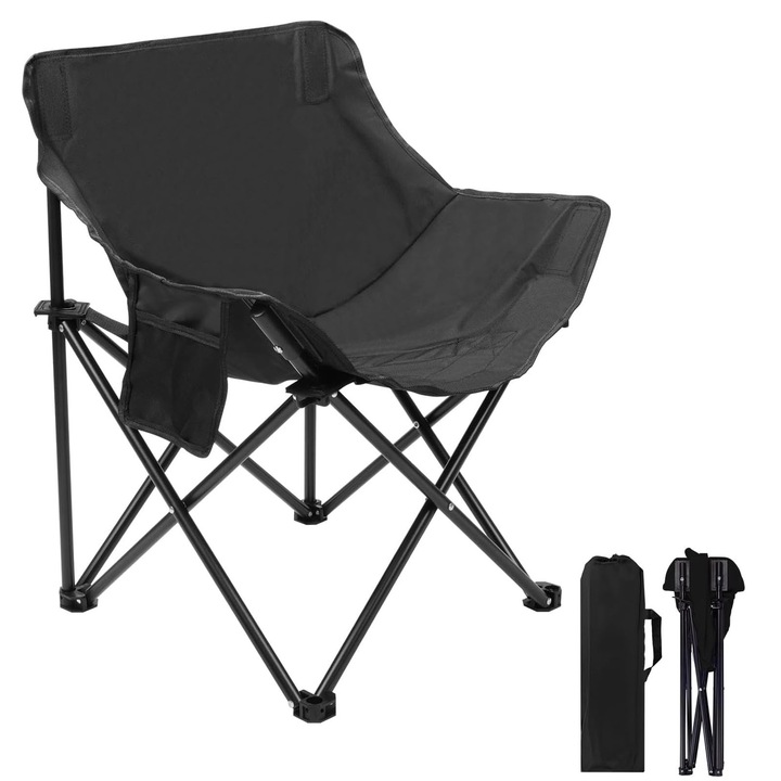 Сгъваем къмпинг стол, ZGGZERG, Сгъваем рибарски стол, 600D Оксфорд, издръжливост до 136 кг, Метална рамка, 1 джоб за съхранение, лек и преносим, лесен за монтаж, Подходящ за къмпинг, дейности на открито, плажове и тревни площи, 45x45x65 см, Черен