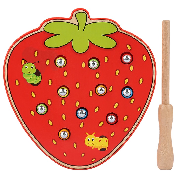 Jucarie educativa din lemn, Fokelyi, forma de capsuna, joc de pescuit magnetic, 15.7x14.6x6.5cm