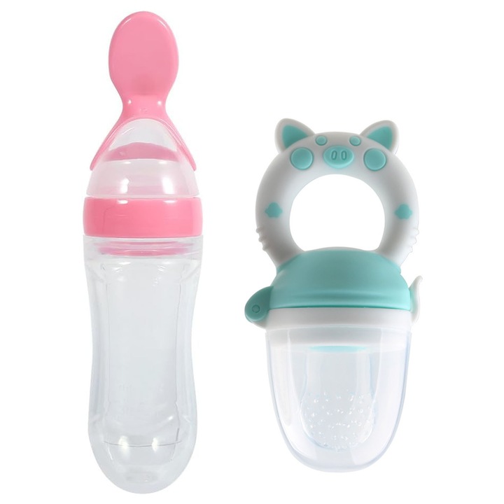 Set 2 suzete pentru fructe si legume, Axroad Mall, Lingurita de silicon cu rezervor pentru Hrana Solida 90 ml, Material siliconic de calitate alimentara, Fara BPA, Diversificarea hranei, Pentru fructe si legume, 6 Luni+, 12.7*6*4cm, Turcoaz/Roz