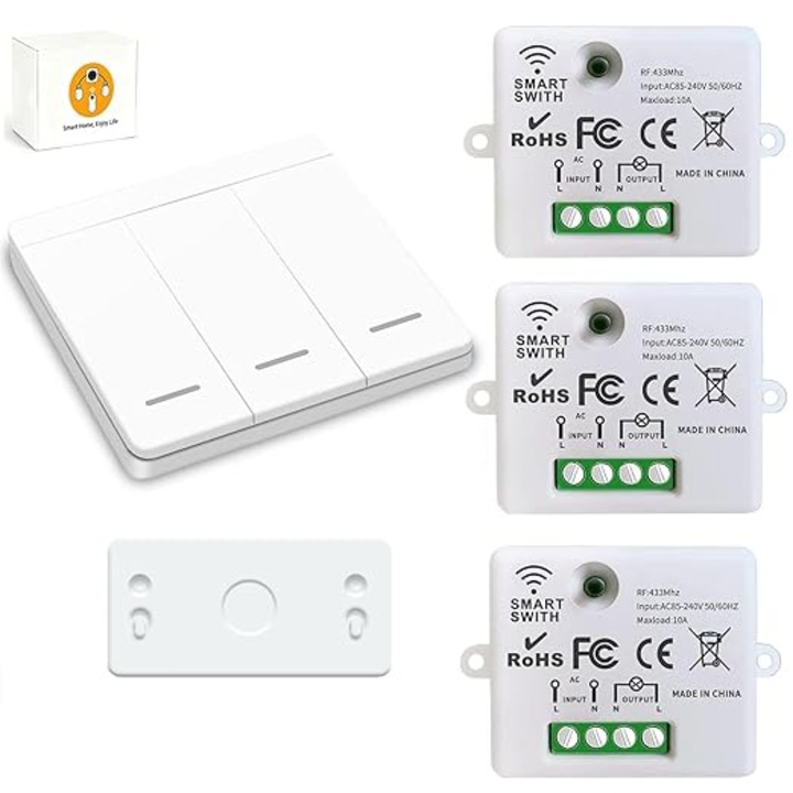 Безжичен превключвател, Generic, 433MHz, 10A, комплект 1T + 3R, 85-250V AC