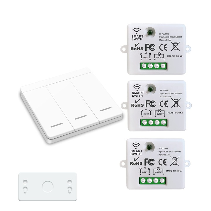 Vezeték nélküli kapcsoló, Generic, 433MHz, 10A, 1T + 3R készlet, 85-250V AC