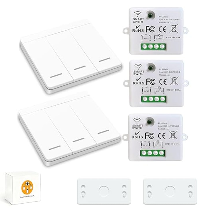 Comutator Wireless pentru Lumina, RF 433MHz, Control pana la 100m, 1/2/3 Butoane (Alegere), 10A, 85-250V AC