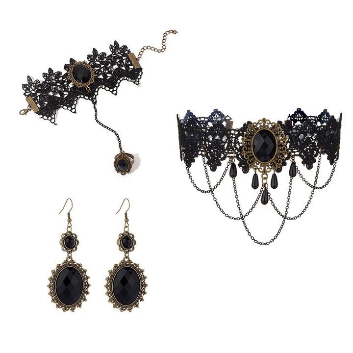 Set bijuterii dama, Colier/Bratara/Cercei, Dantela/Metal, Negru