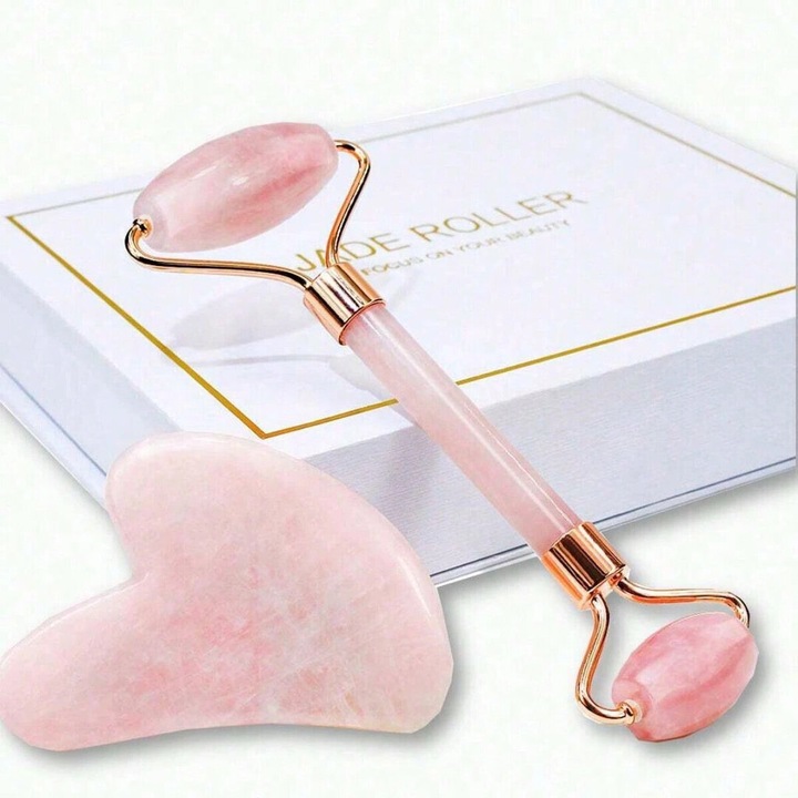 Комплект за масаж Yogasuper с нефритен ролер и гуа ша, розов