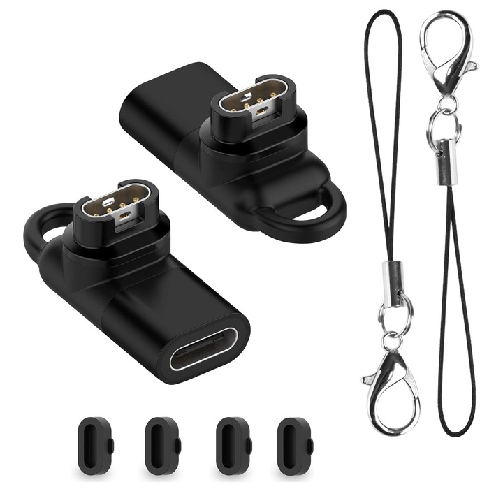 Set 2 Adaptor de alimentare, tip C, Cu 2 lanyard, 4 dopuri de praf, Design de cot, Disipare buna a calduriia, Incarcare accelerata, Pentru Fenix 8/7/7S/7X/6S/6/6X/5S/5/5X, Seria Forerunner, Venu, Instinct, Vivoactive, Epix, Aliaj de Aluminiu, Negru