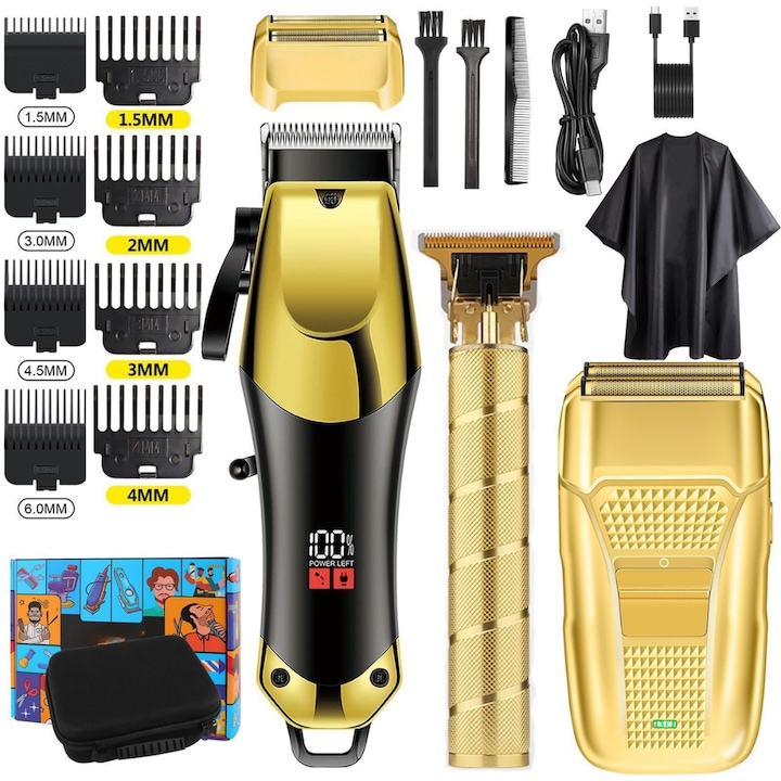 Set Complet 3 in 1 Masini de Tuns Profesionale Damar, Reincarcabil USB, Motor puternic si silentios, Tuns, Contur si Ras, Design Premium Gold, Ecran LED, Piepteni de Ghidaj, Husa Transport, Pelerina, Trimmer, Shaver, Negru/Auriu