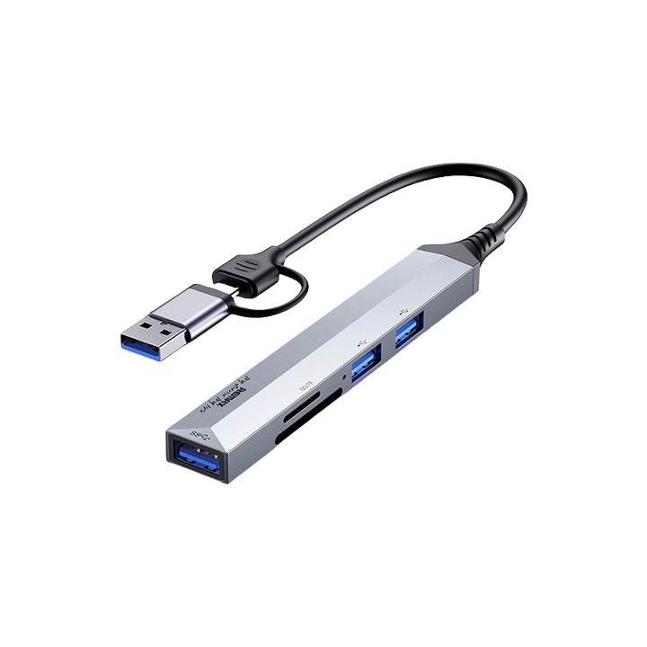 Hub, 2xUSB2.0, 1xUSB3.0, tip C, carcasa din aliaj de aluminiu, plug and play, gri argintiu