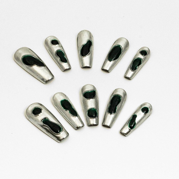 Set 10 unghii false dama, Lucrate manual, Tip press on, Argintiu/Negru, M