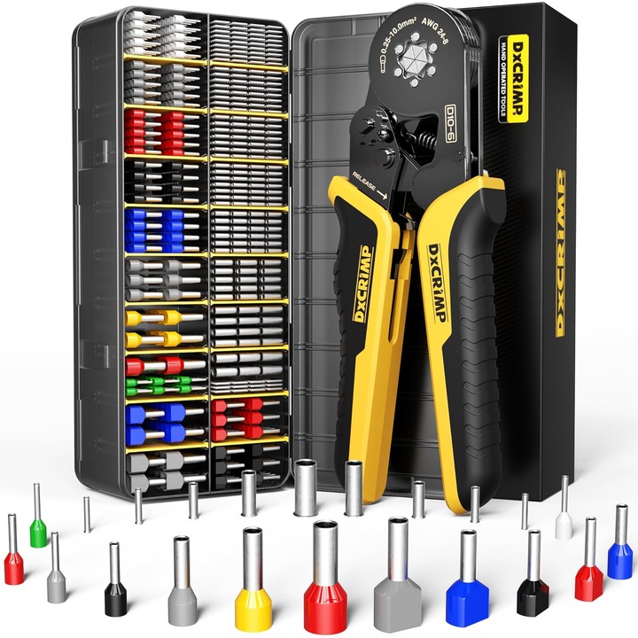 Set cleste de sertizare DxCRIMP, cleste de sertizare hexagonala cu auto-ajustare pentru 0,25-10 mm², set cu 22 de tipuri de pini terminali, cutie de plastic GX22-6B B0C9Y6BXB3