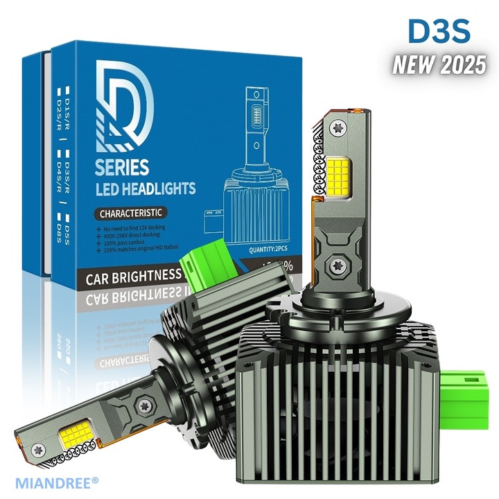 2 db rejtett LED átalakító fényszóró izzó készlet, D3S Led, MIANDREE®, Plug & Play, 12 000 lm, 110 W, 6000 k, 10-32 V, Canbus, rézmag, csendes alumínium radiátor, prémium minőségű