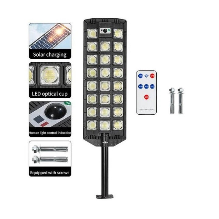 Соларна улична и градинска лампа, за двор, 1000W 590 LED SMD, 30000 LM, 713 Cob, вграден соларен панел, сензор за движение и здрач, дистанционно управление, 3 режима на осветление, водоустойчивост IP65, монтажно рамо в комплекта – модел W7102A7