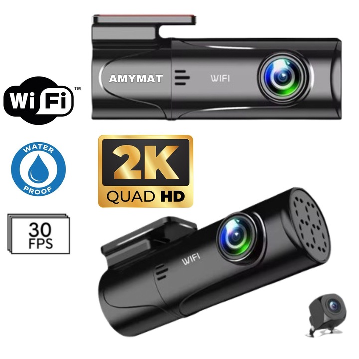 Camera Auto DVR AMYMAT K34, 2K UHD, Wi-Fi, GPS, Sony Starvis, Night Vision, Park Mode 24/7, G-Sensor, Detectare Coliziuni, 256GB, Dash Cam Profesionala