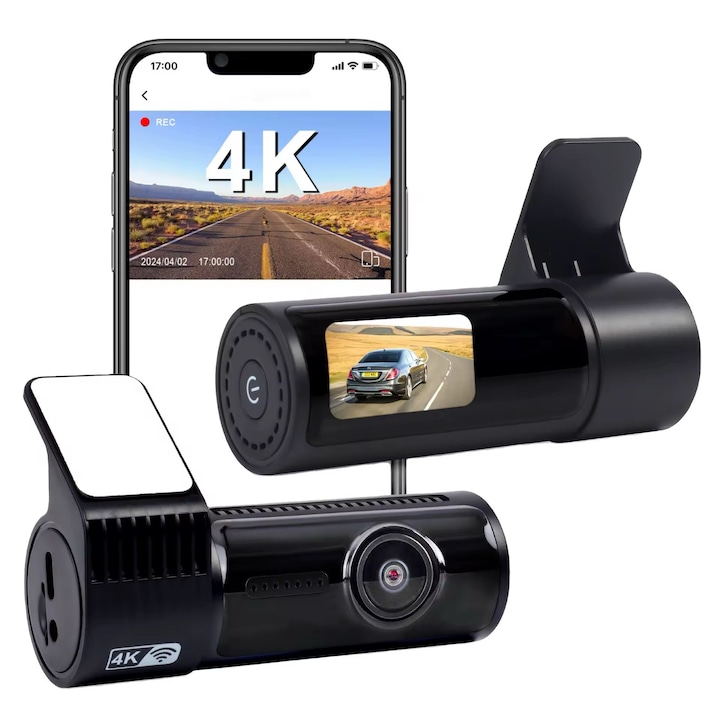 Видеорегистратор AMYMAT E18, DVR, двоен 4K + FHD, 3" сензорен екран, GPS, Super Night, режим на паркиране, Wi-Fi, Pro Collision Detection