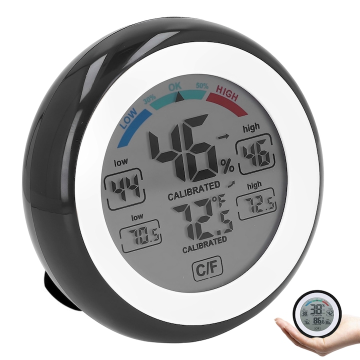 Метеорологична станция, BYONDSELF®, за вътрешна и външна употреба, кръгъл сензорен екран, с LCD дисплей, безжичен електронен термохигрометър, черно-бял