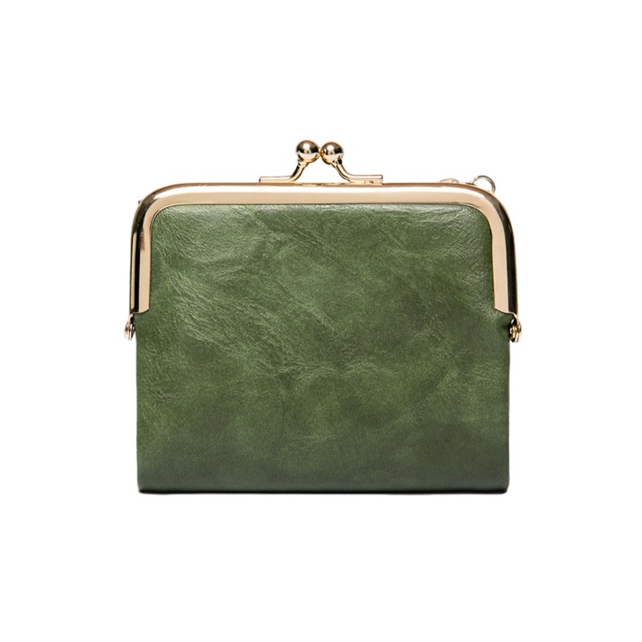 Дамски портфейл TREXORA, голям капацитет, метален цип, 2 отделения, 6 слота за карти, 12x10x2 см, зелен, естествена кожа