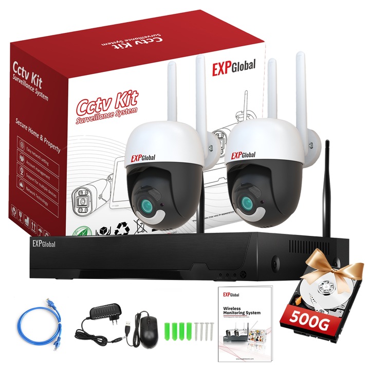 Kit supraveghere Wi-Fi, PTZ fara fir de 5 MP, camera WiFi impermeabila IP66 pentru interior, exterior, NVR 4K 10CH, audio in 2 cai, alarma de detectare a miscarii, supraveghere 24/7