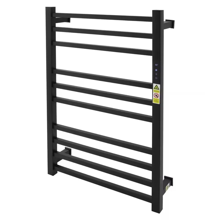 Elektromos törölközőszárító, 10 rúd, rozsdamentes acél, fekete, 50x78x12cm