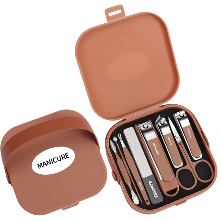 Trusa Manichiura Pedichiura, Fantasy, 8 piese, profesionala, otel inoxidabil, cu pila de sticla, foarfeca, unghiera, impingator cuticule, urechea scoop, Ideal pentru Calatorii, Accesorii Profesionale pentru Ingrijirea Unghiilor, Pielei si Igiena Personala