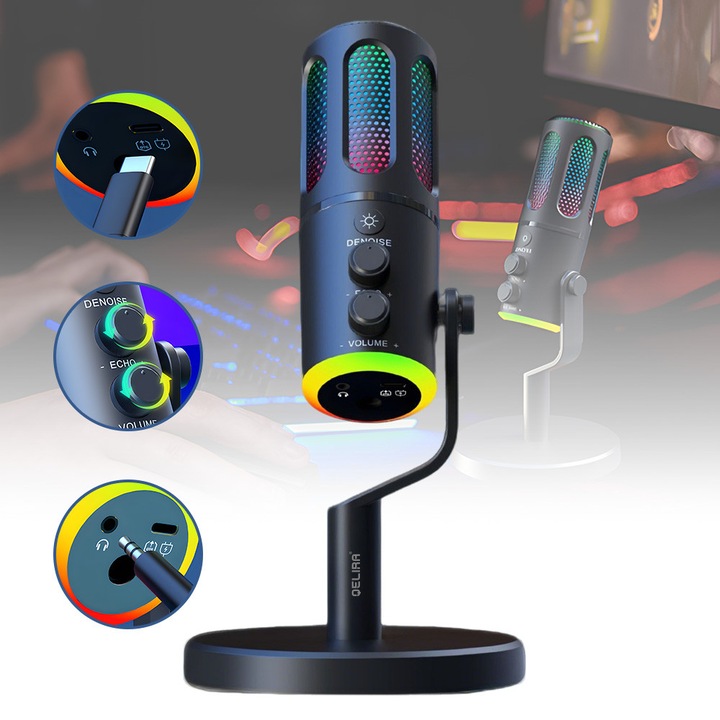 QELIRA® Microfon Condensator SR-U8 - Cu Buton Mute si Control Volum, Compatibil PC/PS5/PS4, Ideal pentru Streaming, Gaming, Podcast