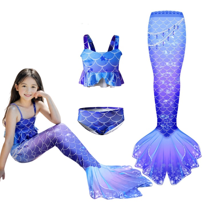 Детски бански Русалка, Фентъзи, Полиестер, 3 части, Лилав, Лилав