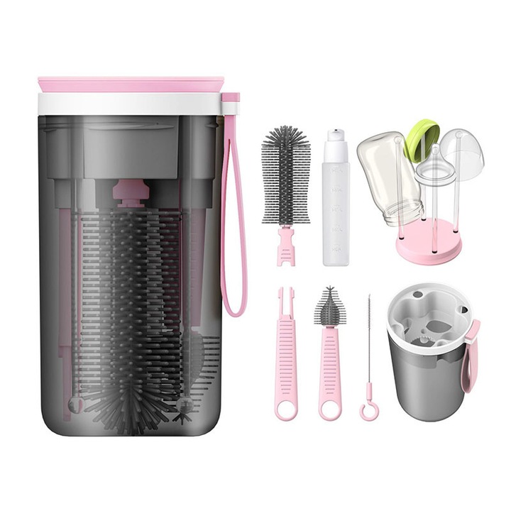 Set de curatare 6-in-1 pentru biberoane, Garsonal®, cu suport de uscare, perie retractabila, perie pentru tetine, perie pentru paiuri, recipient pentru sapun