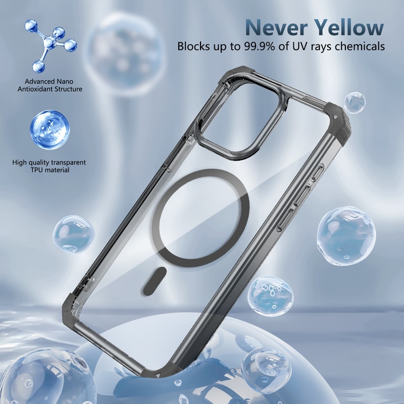 Husa de protectie MagSafe pentru iPhone 14 Pro Max, impermeabila, rezistenta la zgarieturi, rezistenta la caderi, protectie impotriva caderilor la standard militar, protectie impotriva socurilor, negru transparent