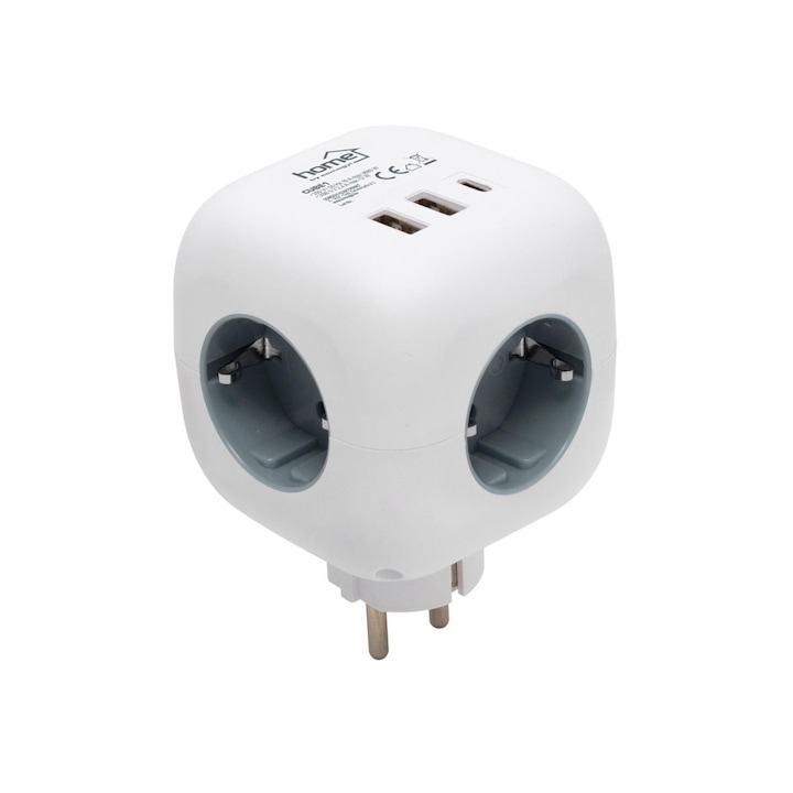 Разклонител тип „куб“ Home CUBE1 с USB зарядно устройство, 3 гнезда с детска защита, 1 USB C, 2 USB A, макс. 3680W