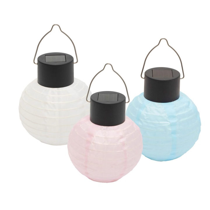 Home MX205 napelemes lampion, 3db-os szett, 1 db melegfehér LED, nylon, 30 g, gombakkumulátor, fehér vagy kék vagy rózsaszín