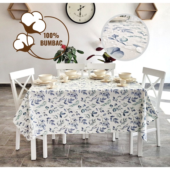 Fata de masa antimurdarire 100% Bumbac 160x320 cm, Frunze Albastru Verde