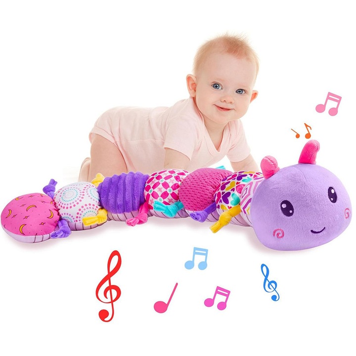 Jucarii senzoriale muzicale pentru copii, 56x9cm, texturi multisenzoriale, design cu rigla si clopotel, pentru nou-nascuti, baieti si fete 0-12 luni, mov