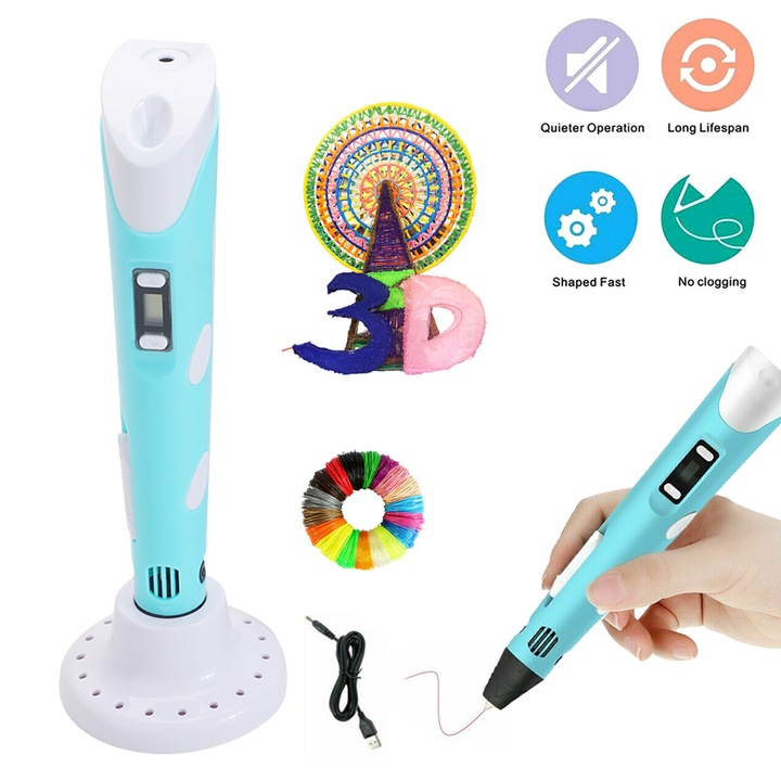 3D химикалка, Lynker, с LED дисплей, 12 PLA филамента, синя, 18.5x4.5x3.1см, пълен комплект