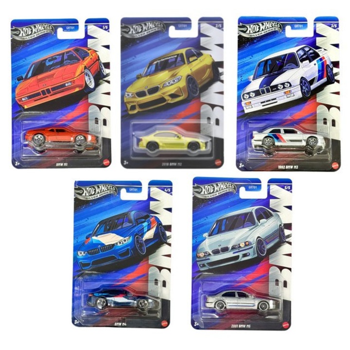 5 db Hot Wheels Diecast Cars készlet, ezüst sorozatú BMW GRT01, 1/64, 7 cm, többszínű