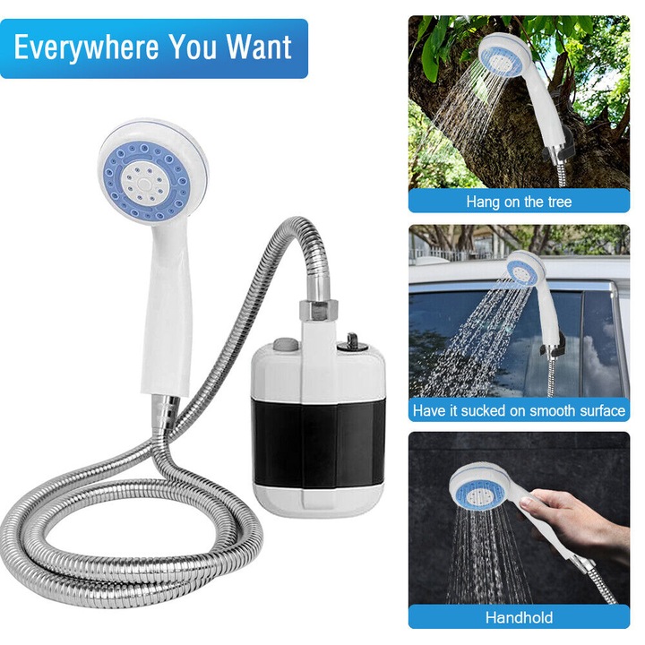 Újratölthető mobil zuhanyfej tapadókoronggal és horoggal, lynker, 2200mAh, fehér/kék, 1,5m