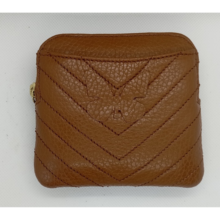 Portcard dama din piele naturala, portofel mic femei, accesoriu elegant, cu 5 sloturi si buzunar cu fermoar, handmade, Maro