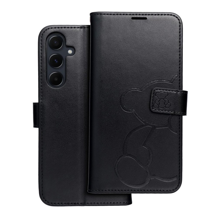 Husa de telefon compatibila cu Samsung Galaxy A16 4G / A16 5G, tip carte, inchidere magnetica, suport card de credit, model ursulet de plus, neagra, Forcell Mezzo