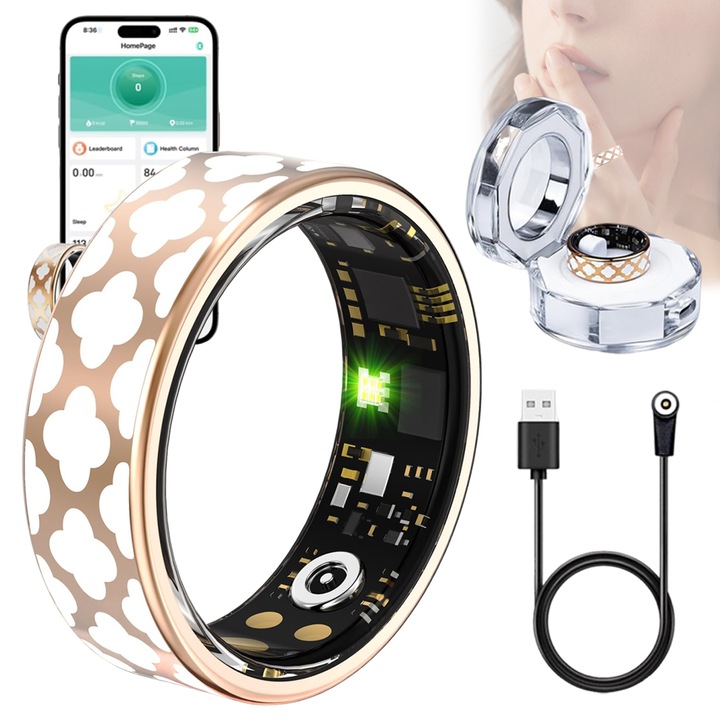 Inel de sanatate pentru femei, Puepoul, Tracker de fitness cu monitorizare a ritmului cardiac, oxigenului din sange, tensiunii arteriale, somnului si pasilor, IP68, compatibil cu iPhone si Android, Marimea 8 (18, 1 mm), Aur roz