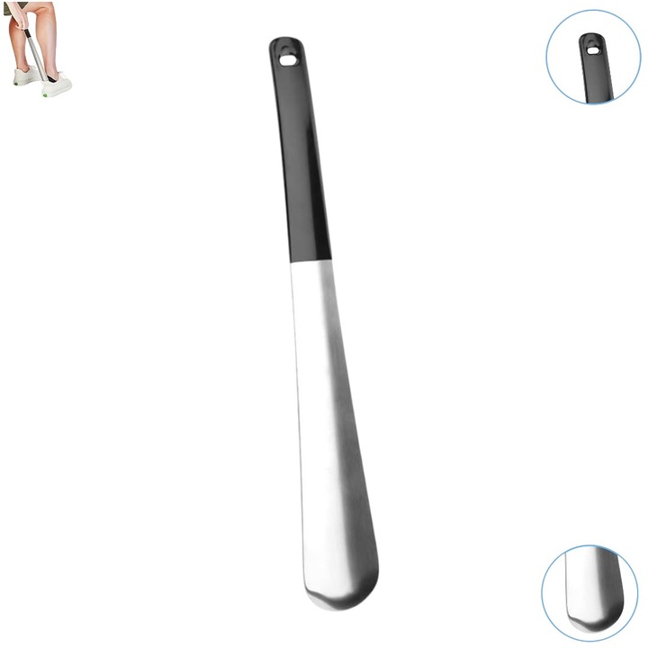 Incaltator universal metal otelit, silicon negru de calitate oferind aderenta sporita cu palma, folosit de barbati, femei, adolescenti, gravide si varstnici, dimensiune medie, finisaje remarcabile