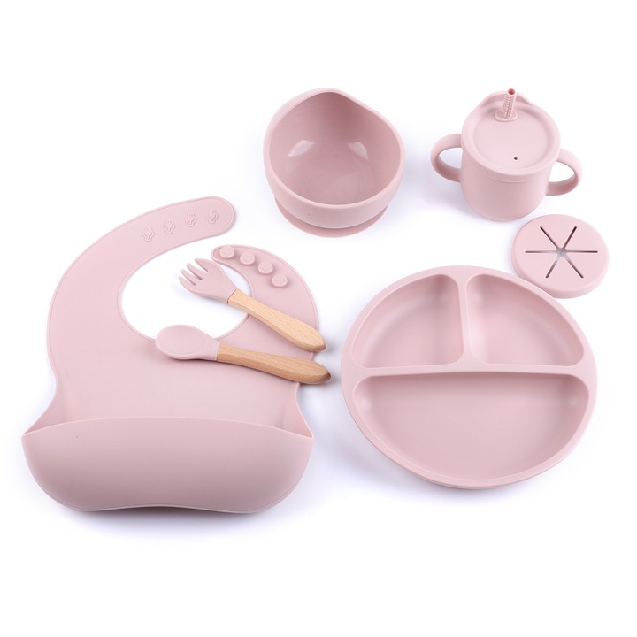 Комплект за хранене на бебета и деца, лигавник, кръгли чинийки, купа с вендуза, силиконови прибори за хранене, чашка за закуска, идеален за разнообразяване, Без алергени, Силикон, Розов