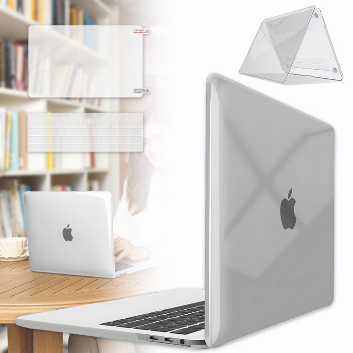 EXCITAT® Husa compatibila cu MacBook Pro 13” (2025–2016, M2/M1, A2338 A2289 A2251 A2159 A1989 A1706 A1708) – Carcasa rigida transparenta + folie de tastatura + folie de ecran