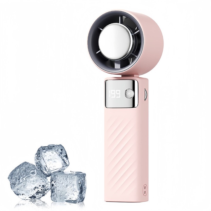 Hordozható kézi turbóventilátor jég funkcióval, 199 sebességfokozat, 4000 mAh-s USB újratölthető akkumulátor, LED kijelző, állítható szögű kialakítás, rózsaszín
