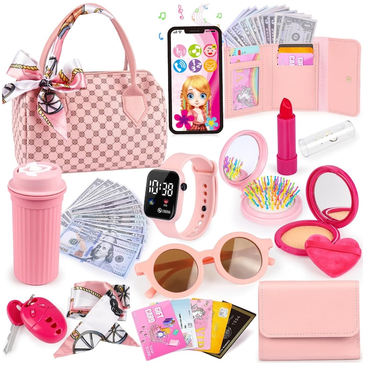 Joaca 31 piese pentru fetite joc rol cu poseta pentru fetite Geanta d jucarie fashion cadou ziua nastere Jucarie Craciun Cutie surpriza rol transportabil Jucarie machiaj cu chei Ceas