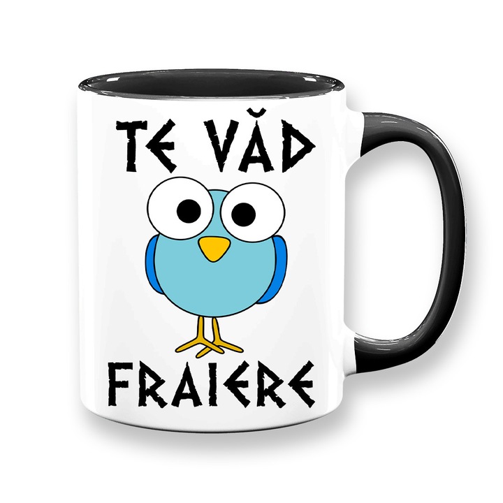 Cana personalizata cu mesaj amuzant:"te vad", Betaprint, alba cu interior negru, 330ml