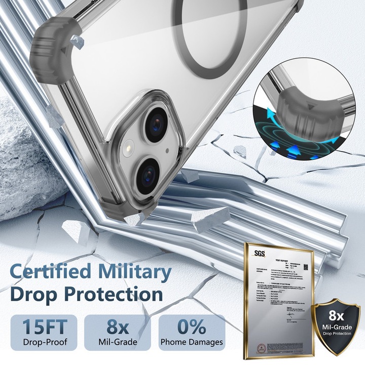 Калъф, За iPhone 13, Военна защита, Удароустойчив, Поддръжка на MagSafe, Черен, Прозрачен