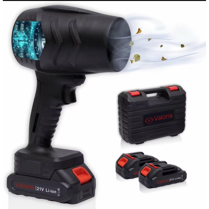 Akkus elektromos légfúvó, hordozható VALORIA Fan M1 – 21V, 3000mAh, Professzionális teljesítmény, Meghosszabbított autonómia, Kompakt és könnyű, 2 akkumulátor
