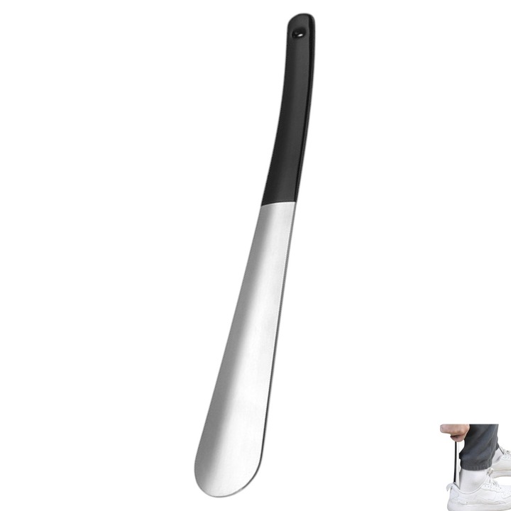 Incaltator lung de 32 cm din otel, maner silicon negru, indispensabil pentru incaltatul pantofilor, adidasilor, ghetelor, bocancilor, universal pentru femei si barbati