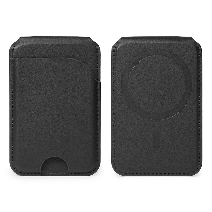Магнитен портфейл Ronic X, съвместим с MagSafe, капацитет 3 карти, еко кожа, регулируема стойка, съвместим с калъфи iPhone 12/13/14/15/16 и MagSafe, черен