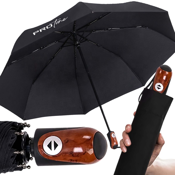 Umbrela de Lux Ploaie Pliabila Automata, 100cm, compacta, Fibra de sticla/Panza, Rezistenta la vant, Pliabila, Protectie raze UV, cu Deschidere Automata, Usoara, Pentru femei si barbati, Uscare rapida, Negru RIH-202