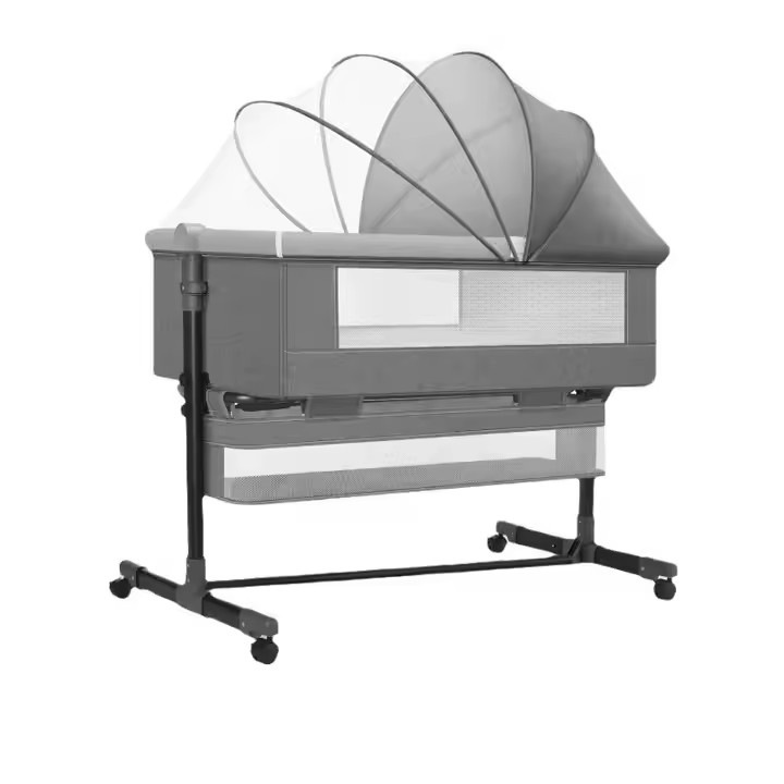 AT PERFORMANCE 6-в-1 регулируемо бебешко креватче – люлка, креватче за пътуване, кош за съхранение, мрежа против комари, мек матрак, 360° колела, сиво
